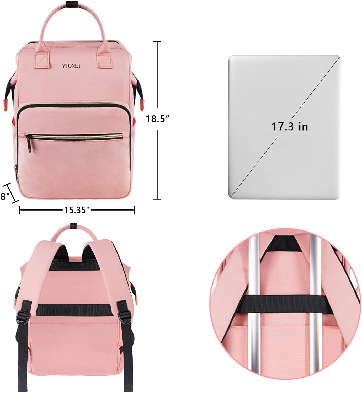 Ytonet Mochila rosa para laptop, mochila de transporte de 17.3 pulgadas para mujeres, profesores, enfermeras con puerto de carga USB, gran