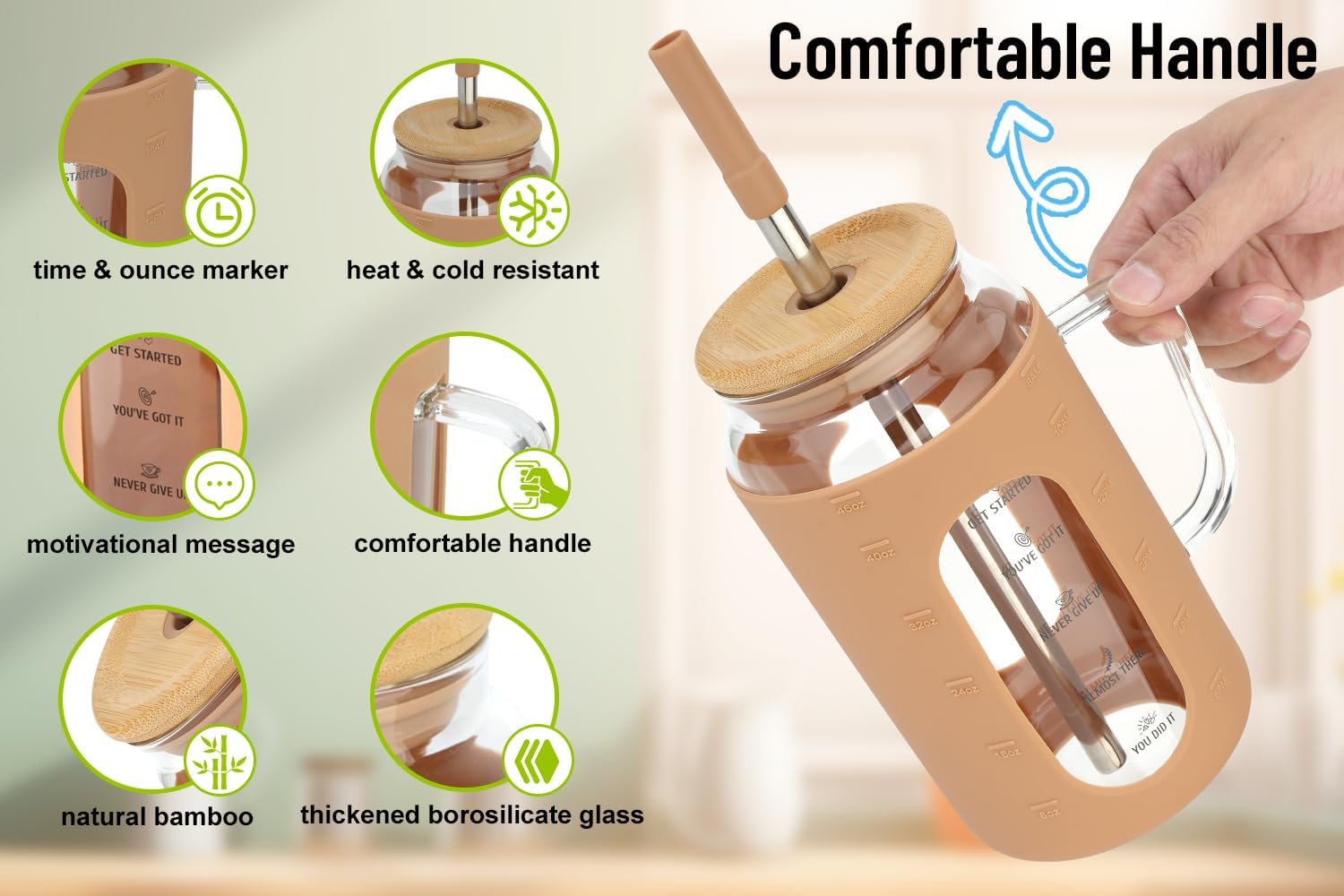 Zenbo Vaso de vidrio de 50 onzas con asa, tapa y pajilla, vaso de agua motivacional con marcador de tiempo