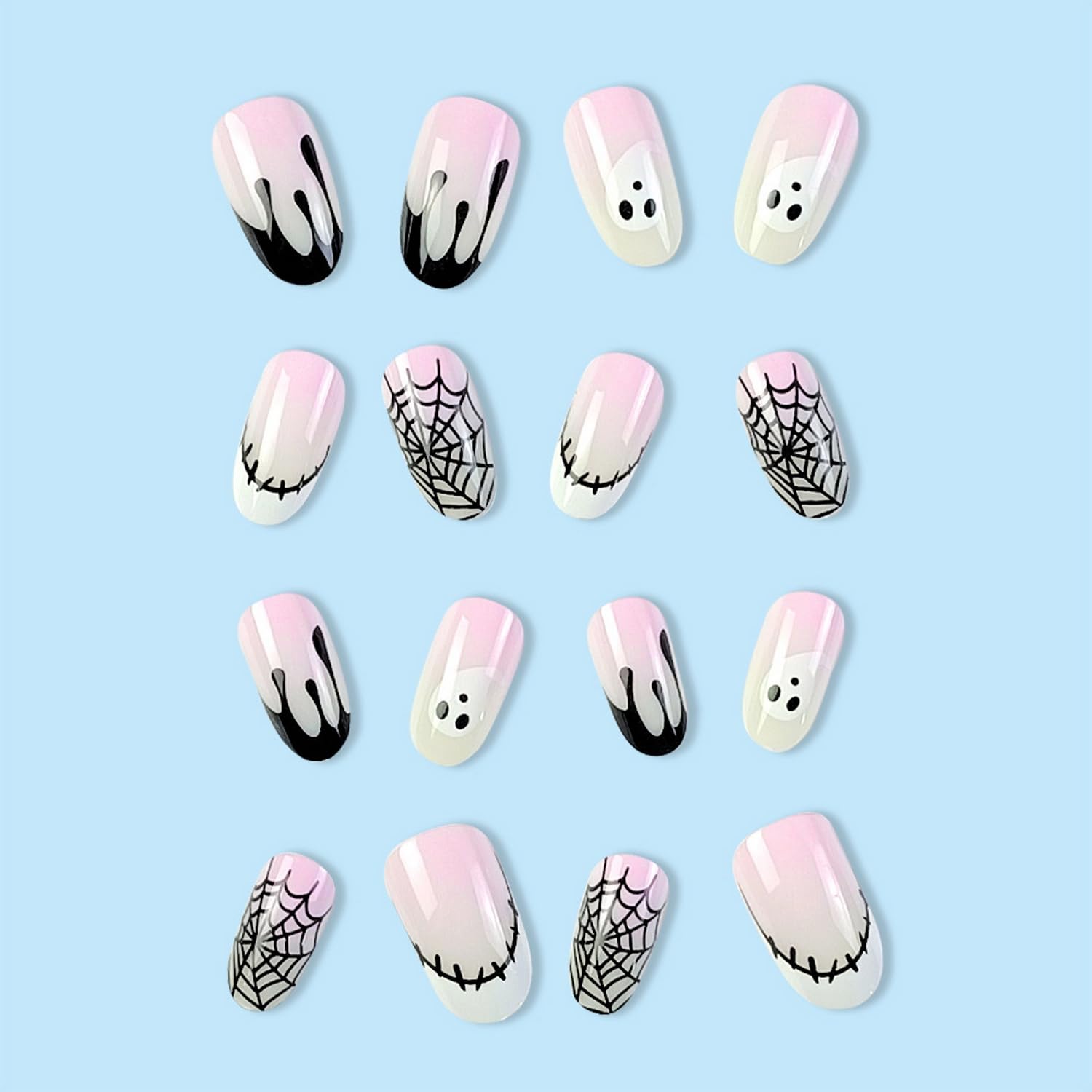 Uñas postizas a presión de Halloween, con diseño de gotas de sangre de tela de araña, uñas con pegamento en uñas blancas y rosas degradadas, punta