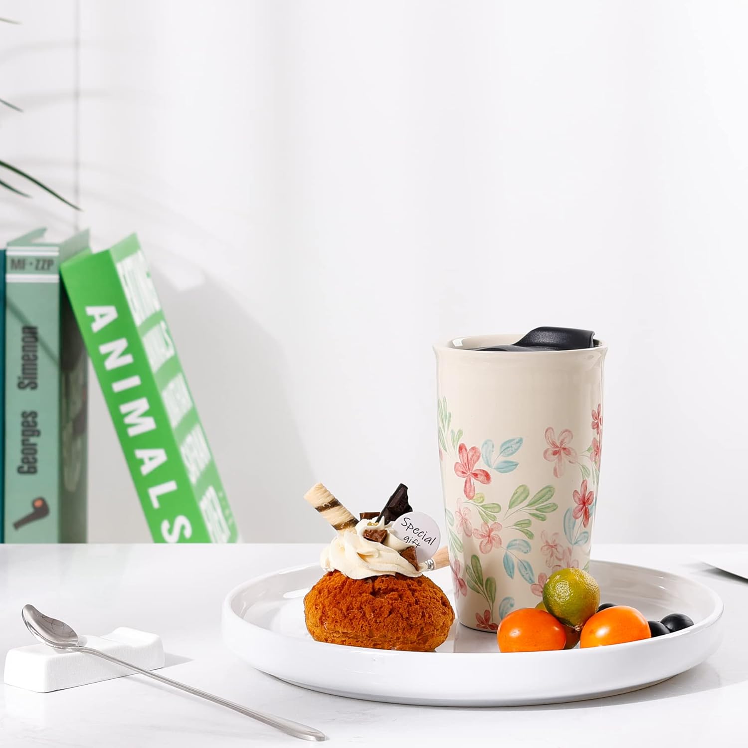 ANTIS’S HOME Taza de viaje de cerámica con tapa, taza de café de doble pared con patrón de flores, vaso de café de 10 onzas, taza alta reutilizable,