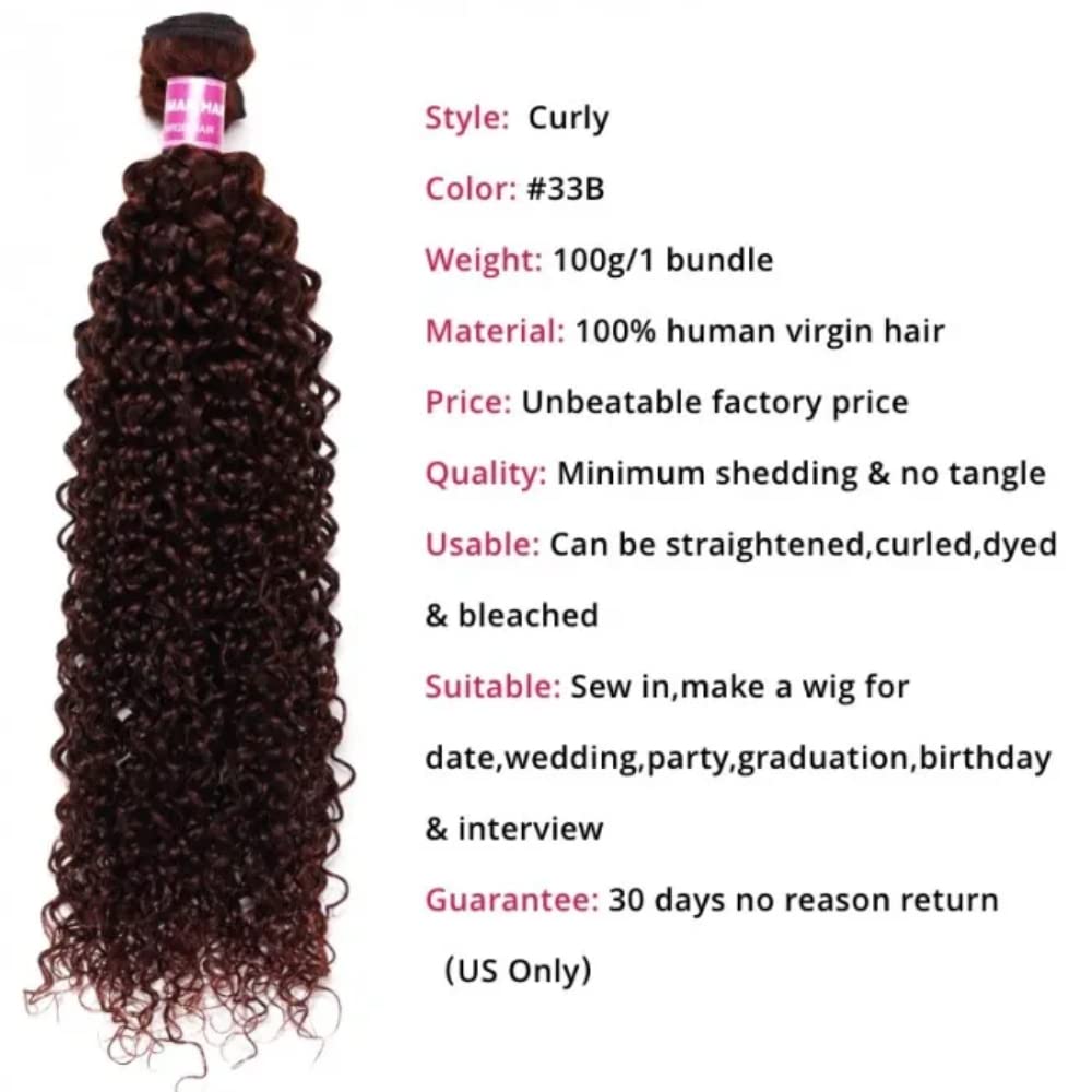 KLAIYI Manojos de cabello humano rizado de color marrón rojizo 12A, cabello virgen brasileño 100% sin procesar, color castaño cobrizo, rojo cobrizo,