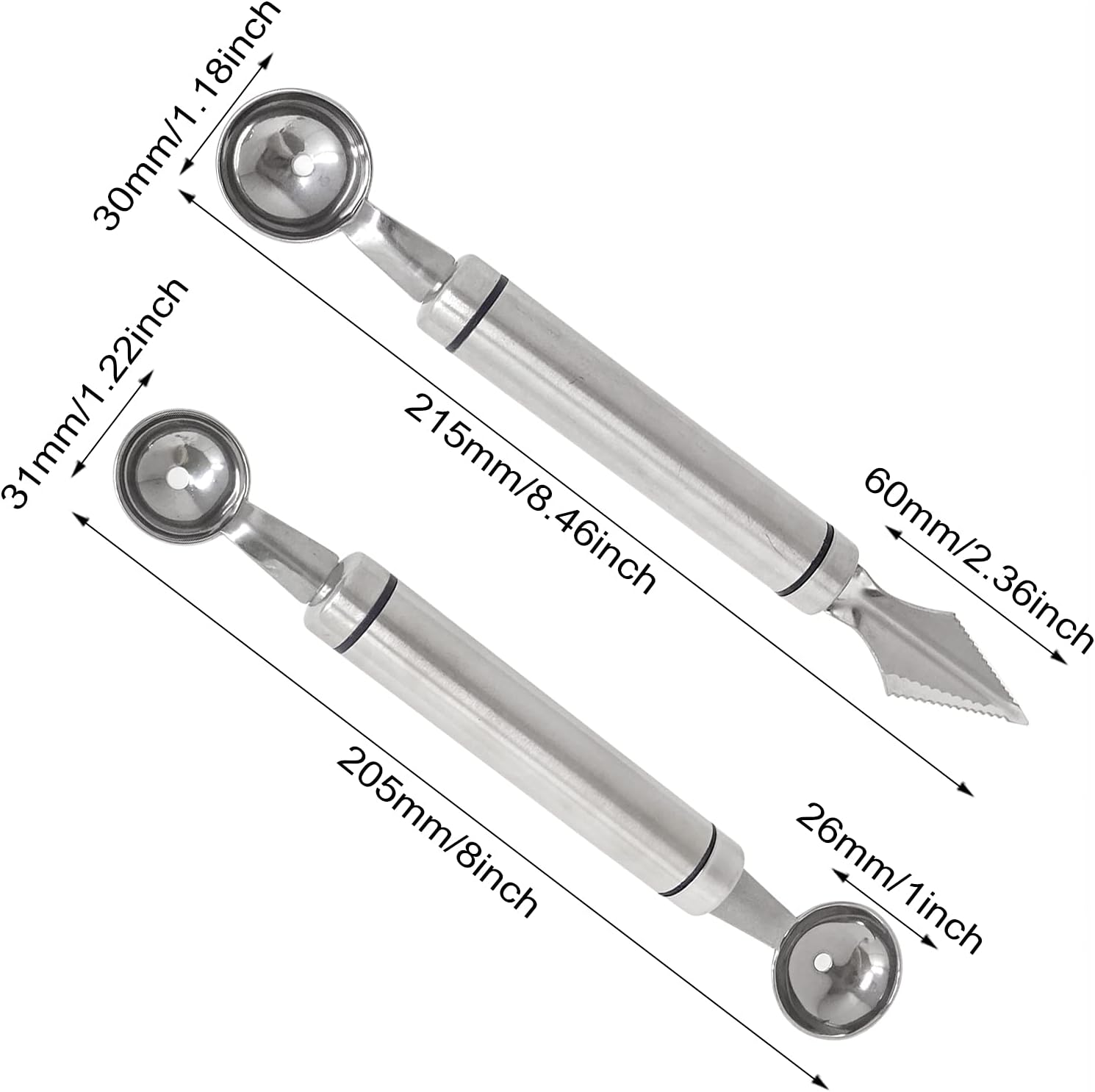 Honbay 2 piezas de acero inoxidable de doble cabeza de melón Baller Scoop cuchillo para tallar frutas, cuchara de cocina de doble propósito,