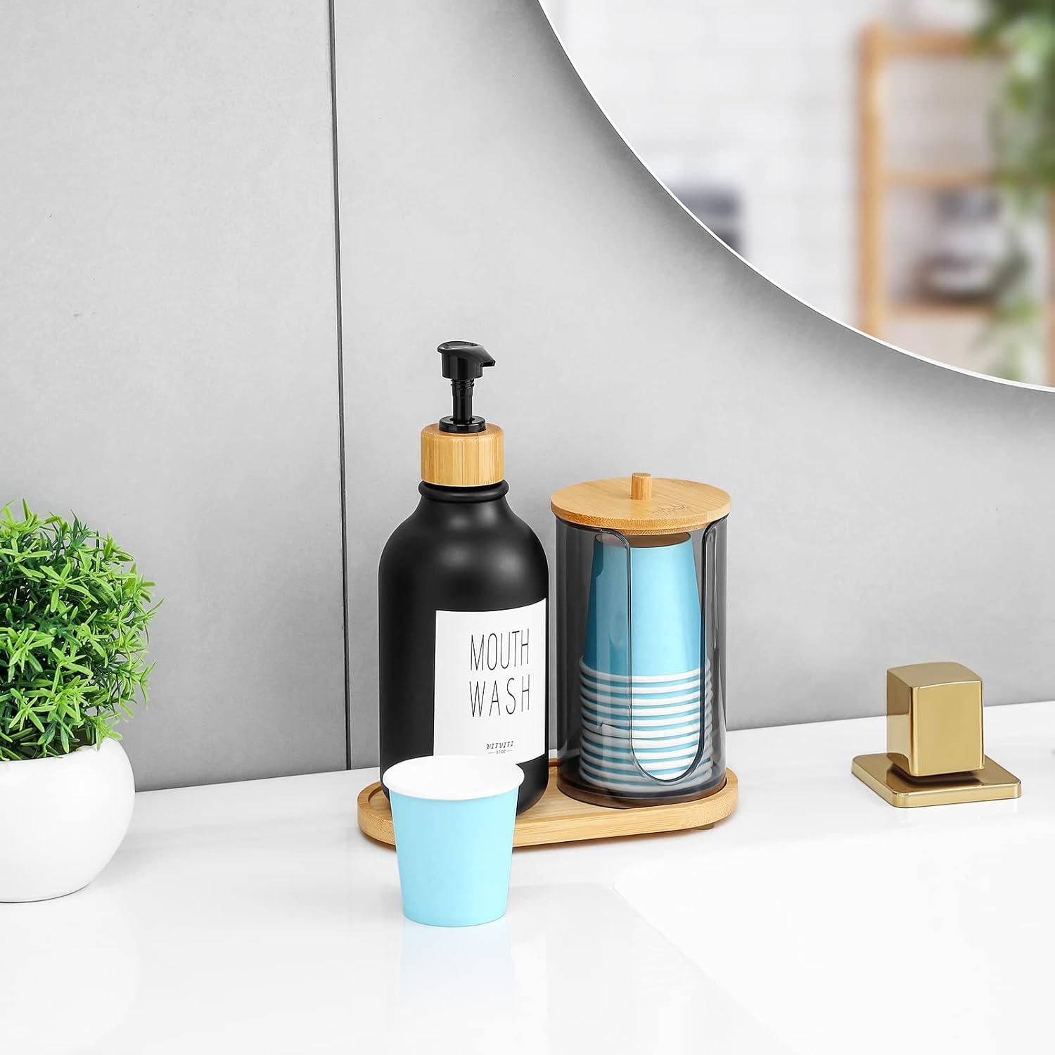 VITVITI Dispensador de enjuague bucal para baño, botella con bomba de lavado bucal con soporte para vasos de papel, contenedor de enjuague bucal