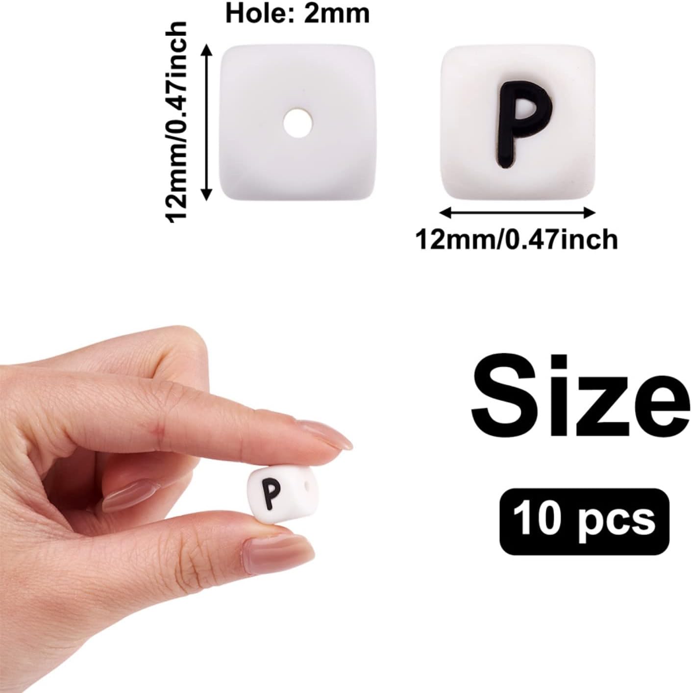 10 cuentas de silicona en forma de cubo de silicona con la letra P, cuentas sueltas cuadradas del alfabeto, cuentas del alfabeto, 0.472 x 0.472 x