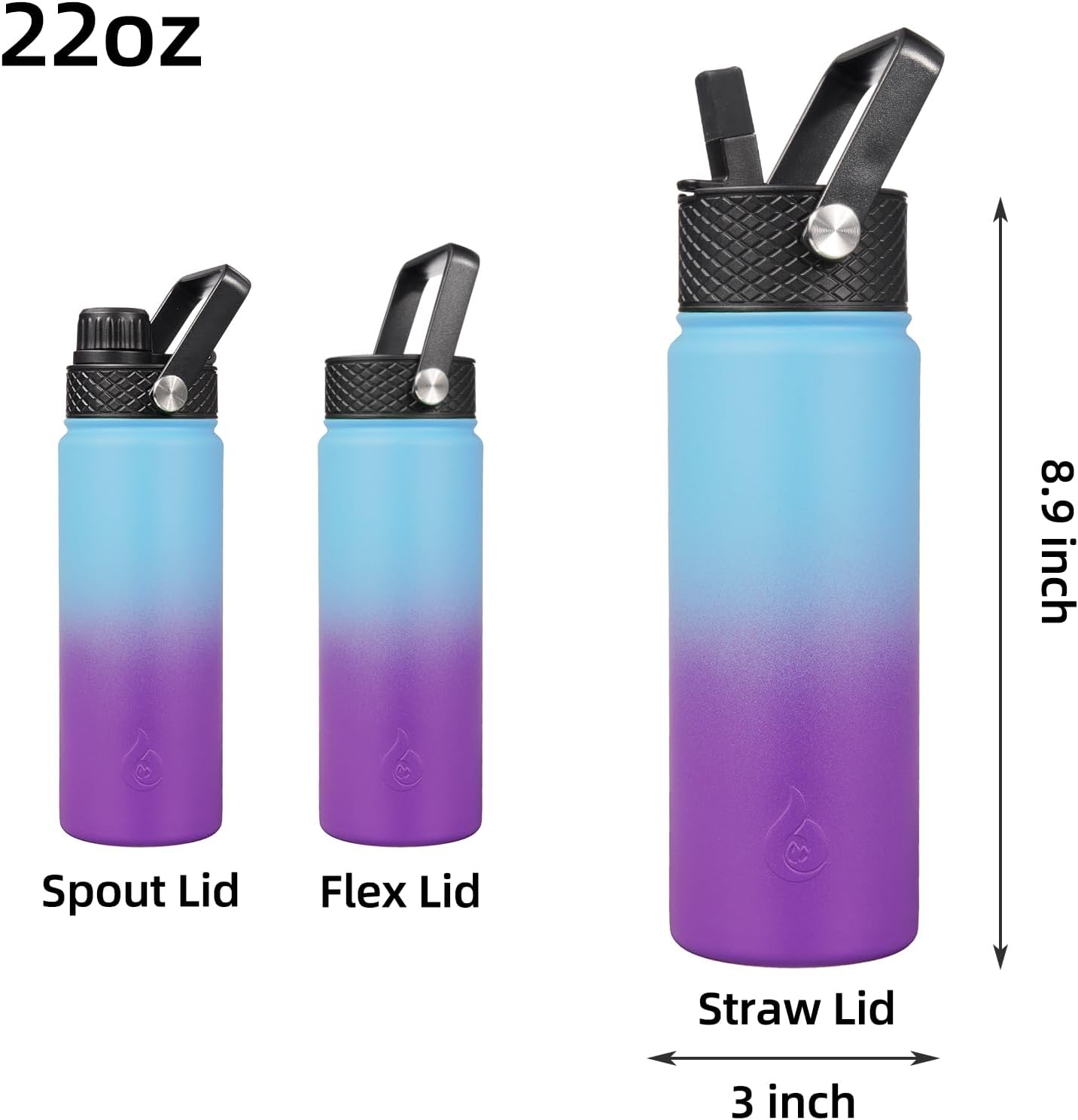BJPKPK Botella de agua con aislamiento y tapa con popote, 22 fl oz, acero inoxidable, 3 tapas, reutilizable, mantiene agua fría o caliente, termo,