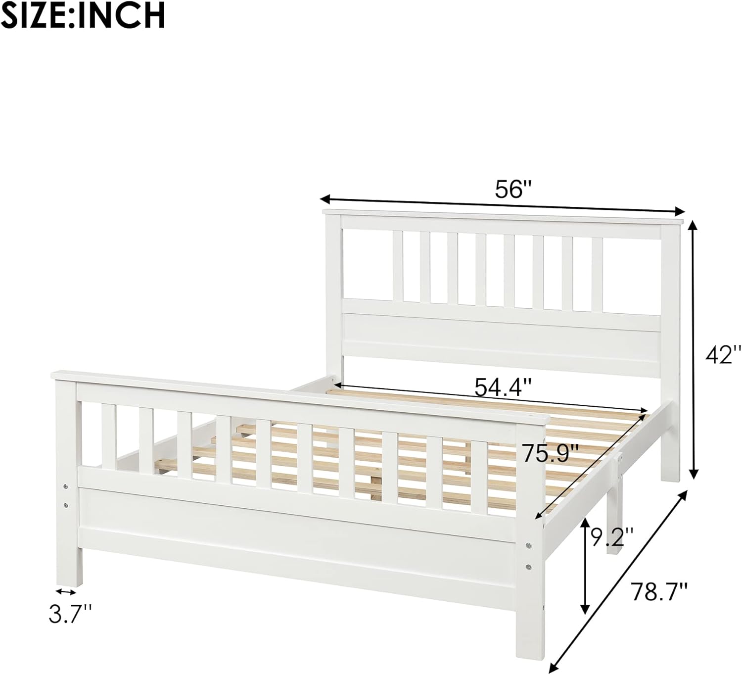 Base de cama de plataforma blanca de tamaño matrimonial con cabecero y estribo, marco de cama matrimonial de madera con soporte de listones