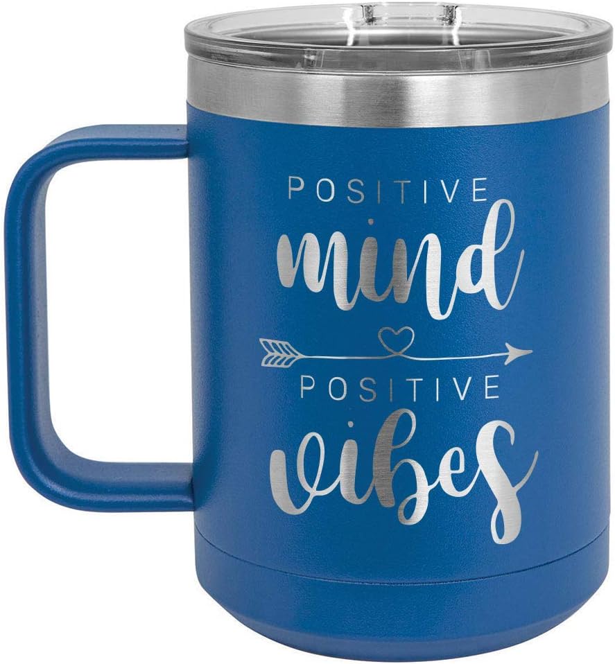 ONLYGIFTS.COM Taza de café con tapa deslizante con vibraciones positivas de mente positiva, de 15 onzas, taza de café de viaje aislada, ideas de