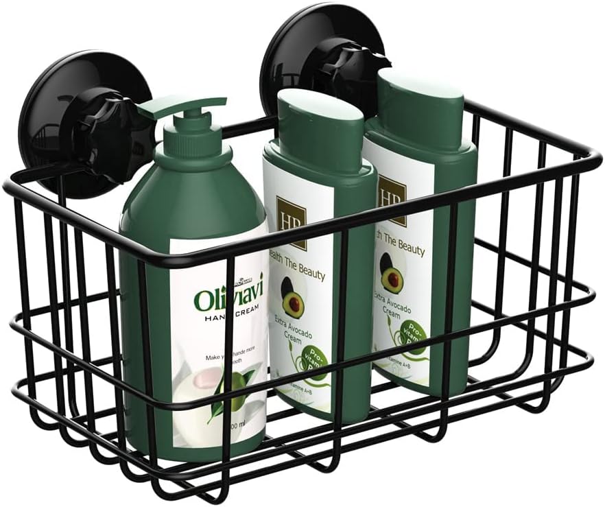 SANNO Cesta de ducha con ventosa para champú, organizador combinado de baño, soporte de acero inoxidable para almacenamiento de baño, color negro