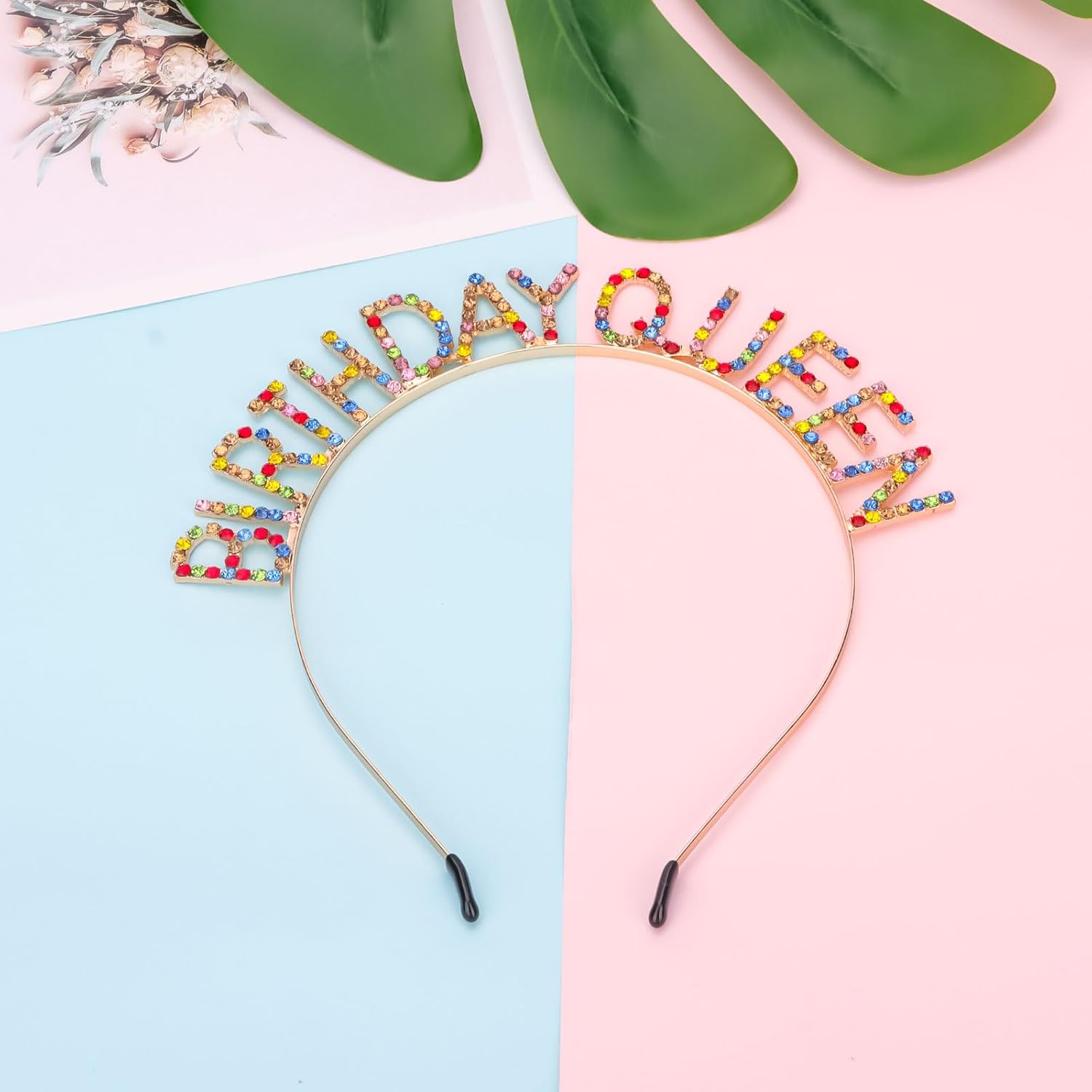 CURASA Diademas de cumpleaños Queen para mujer, corona de diamantes de imitación arcoíris para niñas, tiara colorida, diadema de cumpleaños, tiara