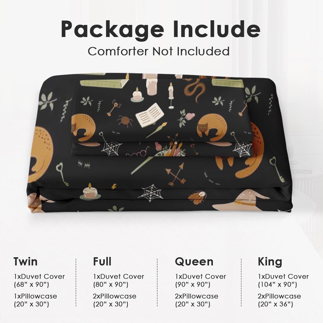 Juego de funda de edredón, juego de ropa de cama retro de bruja con polilla de gato para niños y adultos, decoración de dormitorio, juego de funda