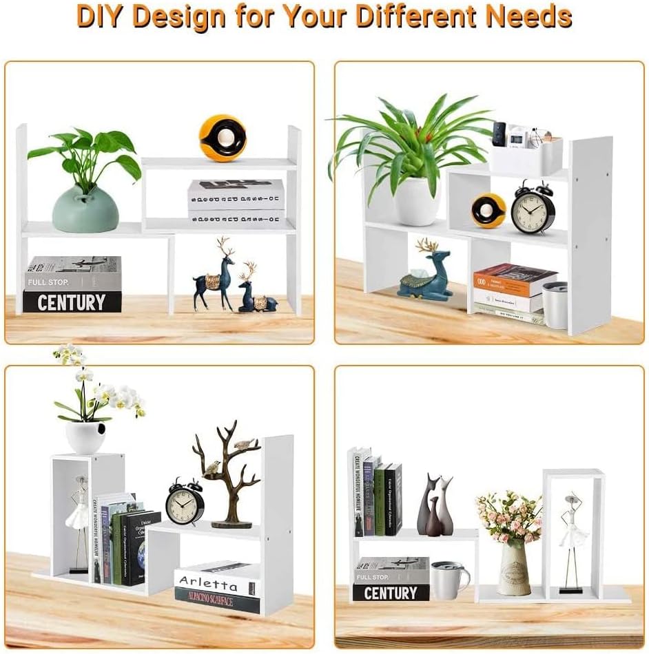 Organizador y almacenamiento de estantes de escritorio, mini estantería expandible para dormitorio, estante de escritorio de madera ajustable negro,