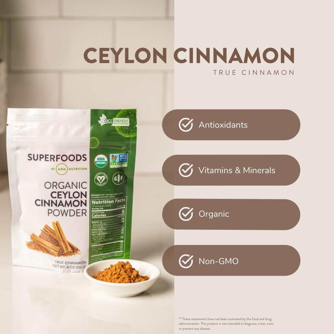 MRM Nutrition Organic Ceilán canela en polvo  Superalimentos  Canela verdadera  Antioxidantes  Salud del corazón  Vegano + Sin gluten  113 porciones