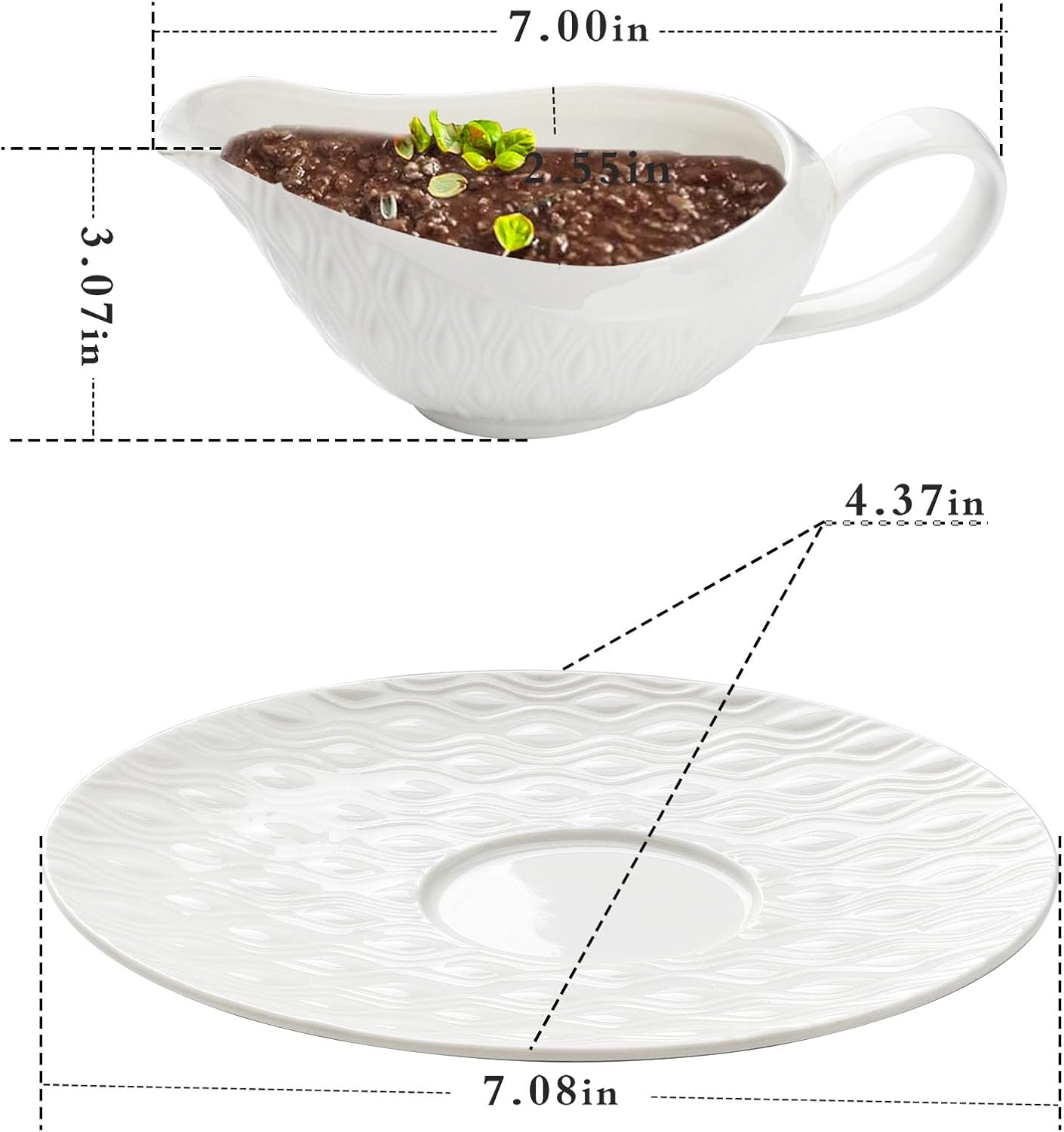 Barco de salsa de porcelana, cuenco de salsa de 16 onzas con platillo para caldo, aderezos de ensalada, crema, leche, pimienta negra (blanco)