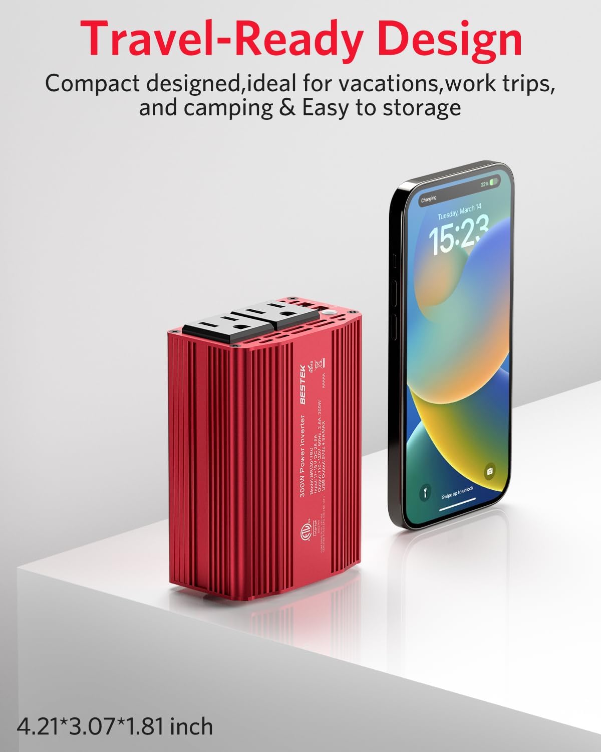 BESTEK Inversor de corriente para automóvil de 300 W, convertidor de inversor de automóvil de CC 12 V a 110 V CA con puertos de carga USB duales de