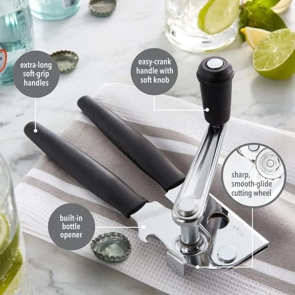 Abrelatas resistente para cocina con imán, abrelatas portátil con abridor de botellas integrado y manivela manual, asas de gran tamaño con fundas de