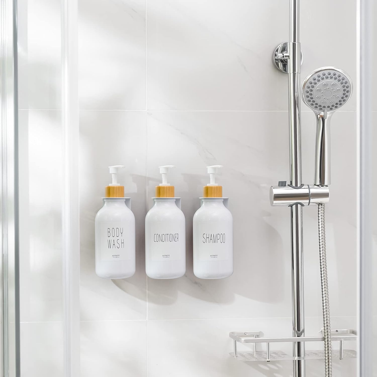 VITVITI Shampoo and Conditioner Dispenser, Body Wash Shower Soap Dispenser Wall Mounted 3 Chamber, Drill Free 17oz Plastic Shower Bottles for
