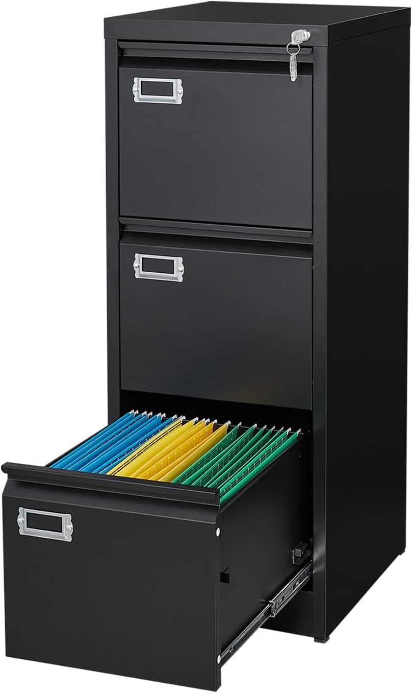 Archivador de 3 cajones para oficina en casa, archivador vertical con cerradura, archivador de metal con bloqueo, archivador pequeño organizador