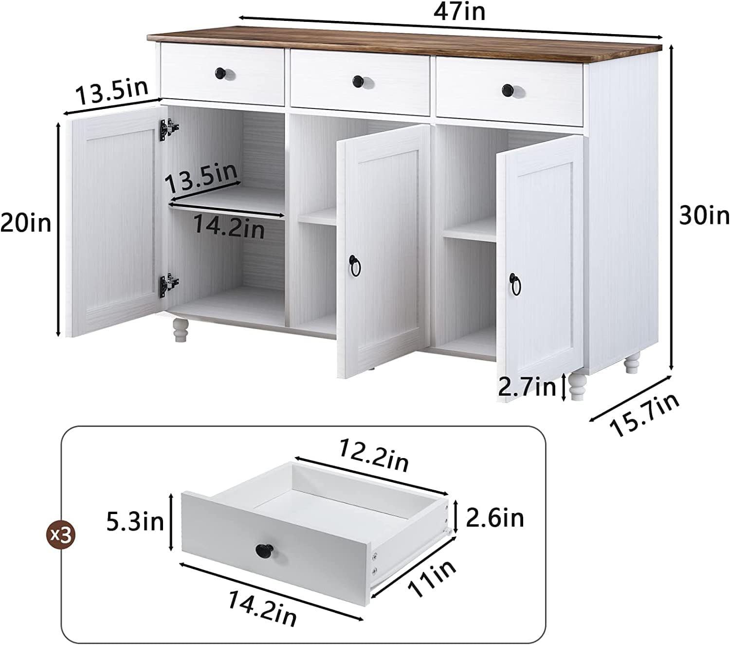 Armario de buffet blanco con almacenamiento, gabinete de cocina de 47 pulgadas con puertas de granero, armario de almacenamiento aparador con