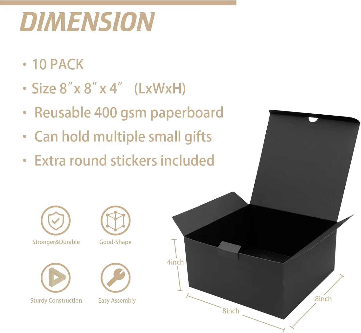 opaprain Paquete de 10 cajas de regalo negras de 8 x 8 x 4 pulgadas con tapa, papel reciclable adecuado para bodas, festivales, regalos, graduación,