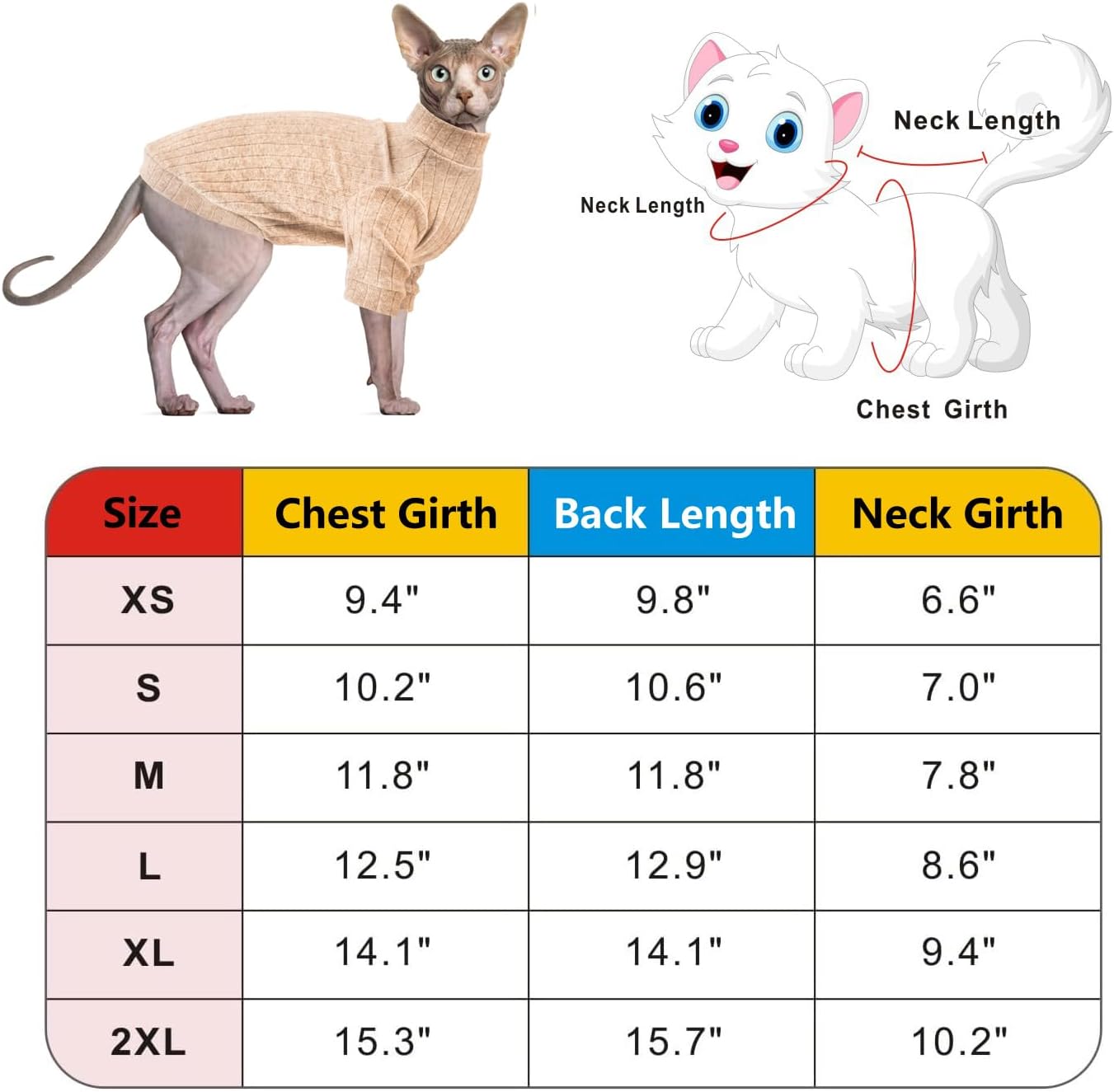Idepet Sphynx Suéter de gatos sin pelo, ropa suave para cachorros, lindo pijama de gato, ropa de algodón para mascotas, cuello alto de invierno para