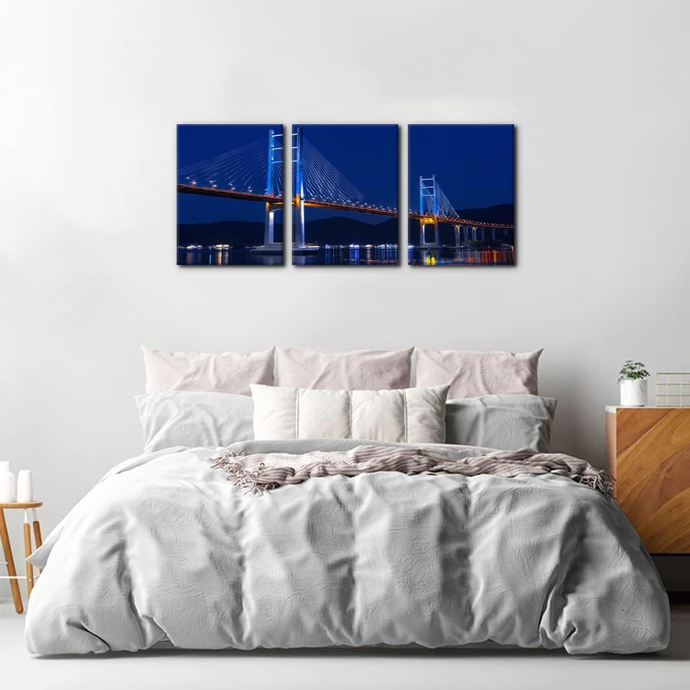 Pacimo 3 piezas de arte de pared en lienzo de paisaje urbano, imágenes impresas en lienzo con luz de neón y vista de puente de puerta dorada,