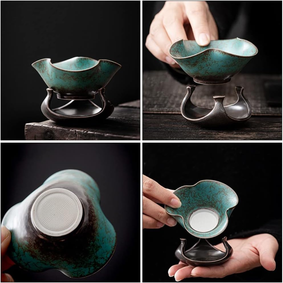 DOITOOL Colador de té de porcelana, 1 juego de infusor de té, filtro de té de cerámica retro, filtro de té de Kung Fu, colador de té de hojas
