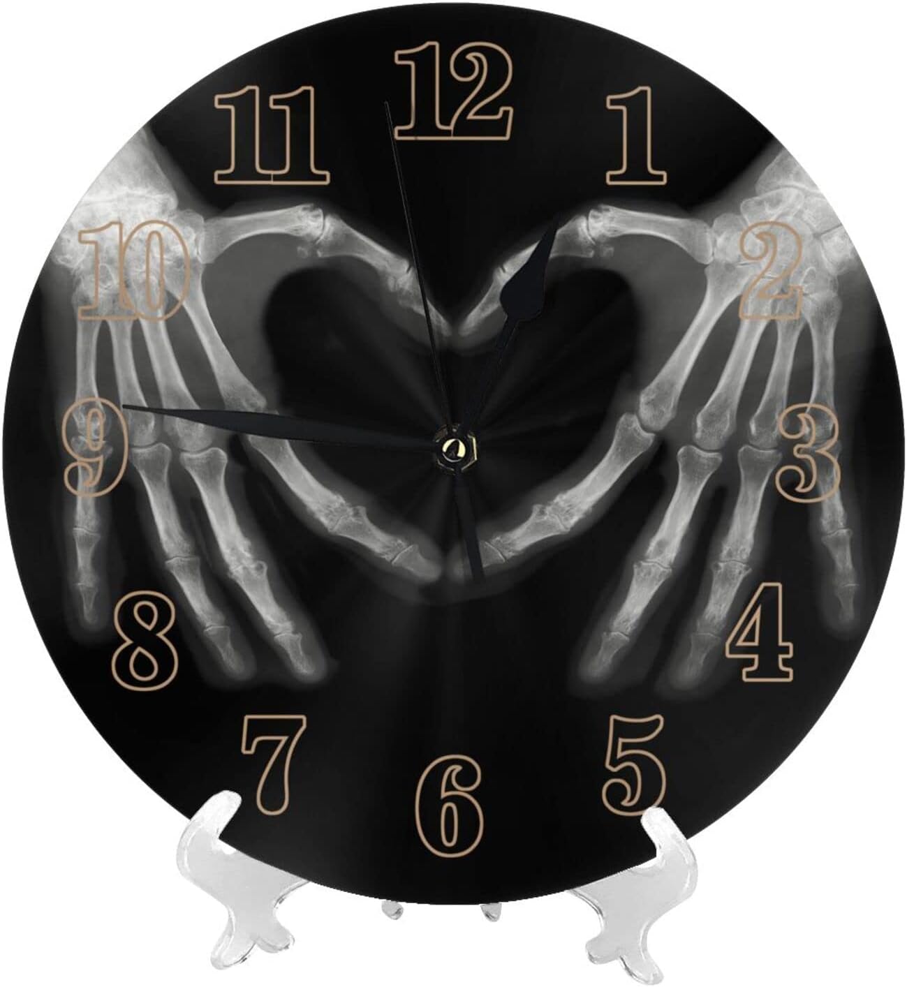 Reloj de pared decorativo redondo con forma de huesos de manos y corazón blanco, con diseño médico, redondo, silencioso, sin tictac, funciona con