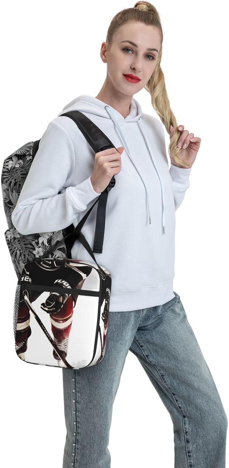 RLDOBOFE Lonchera para mujer, bolsa de almuerzo aislada, con patrón de hockey sobre hielo, lonchera para el trabajo, picnic, bolsa de almuerzo
