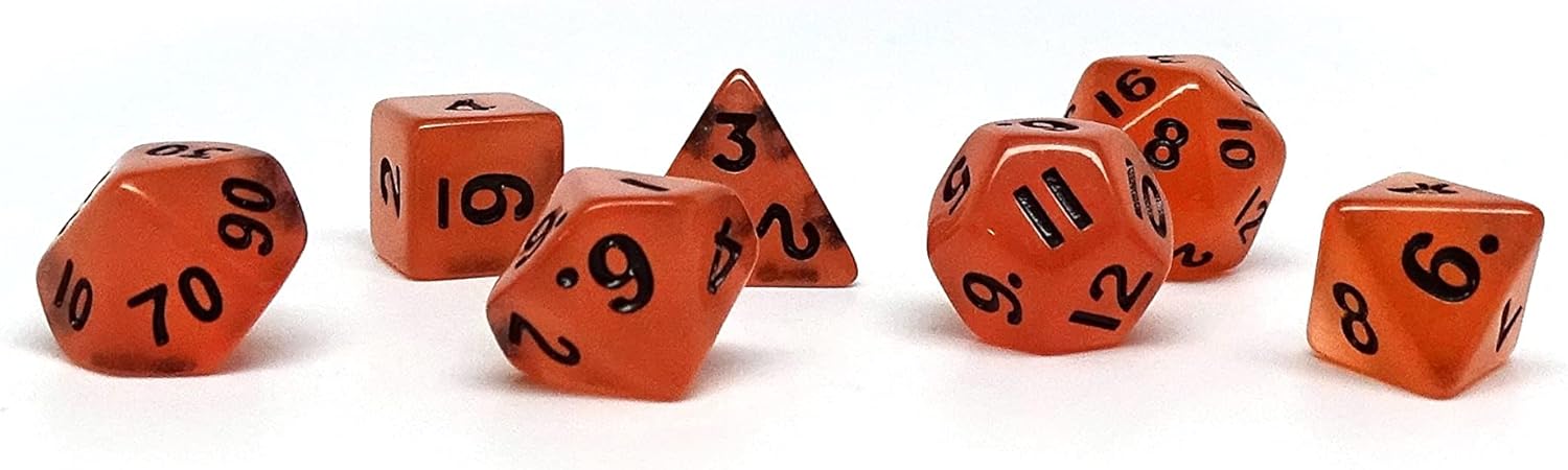 Mini colección de dados poliédricos de 0.394 pulgadas, incluye una colección D20, D12, D10, D8, D6, D4 y D00 (naranja que brilla en la oscuridad)