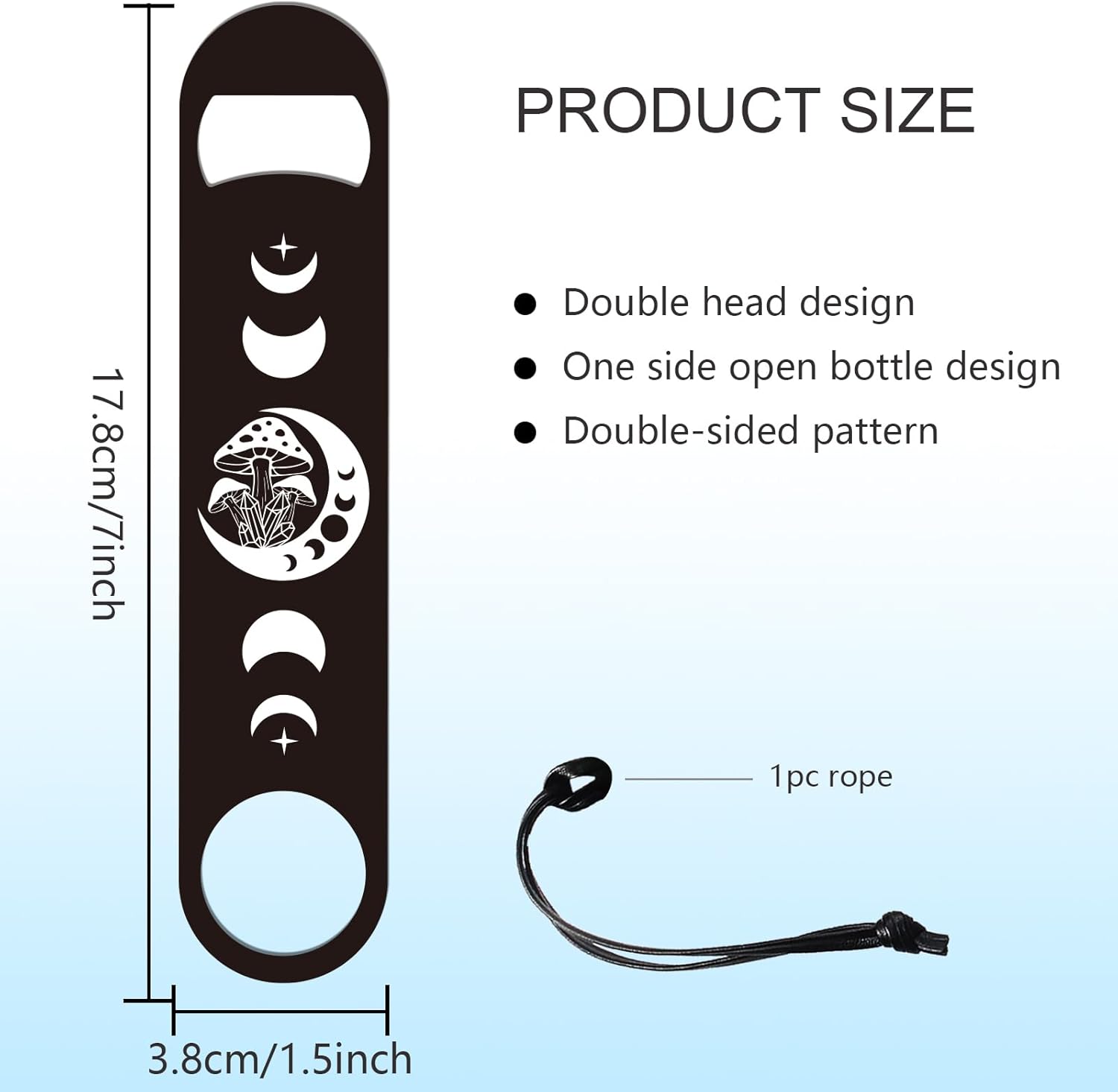 GLOBLELAND Abridor de botellas de acero inoxidable de 7 pulgadas de fase lunar y hongos con cable de poliuretano, abrebotellas de cerveza, abridor