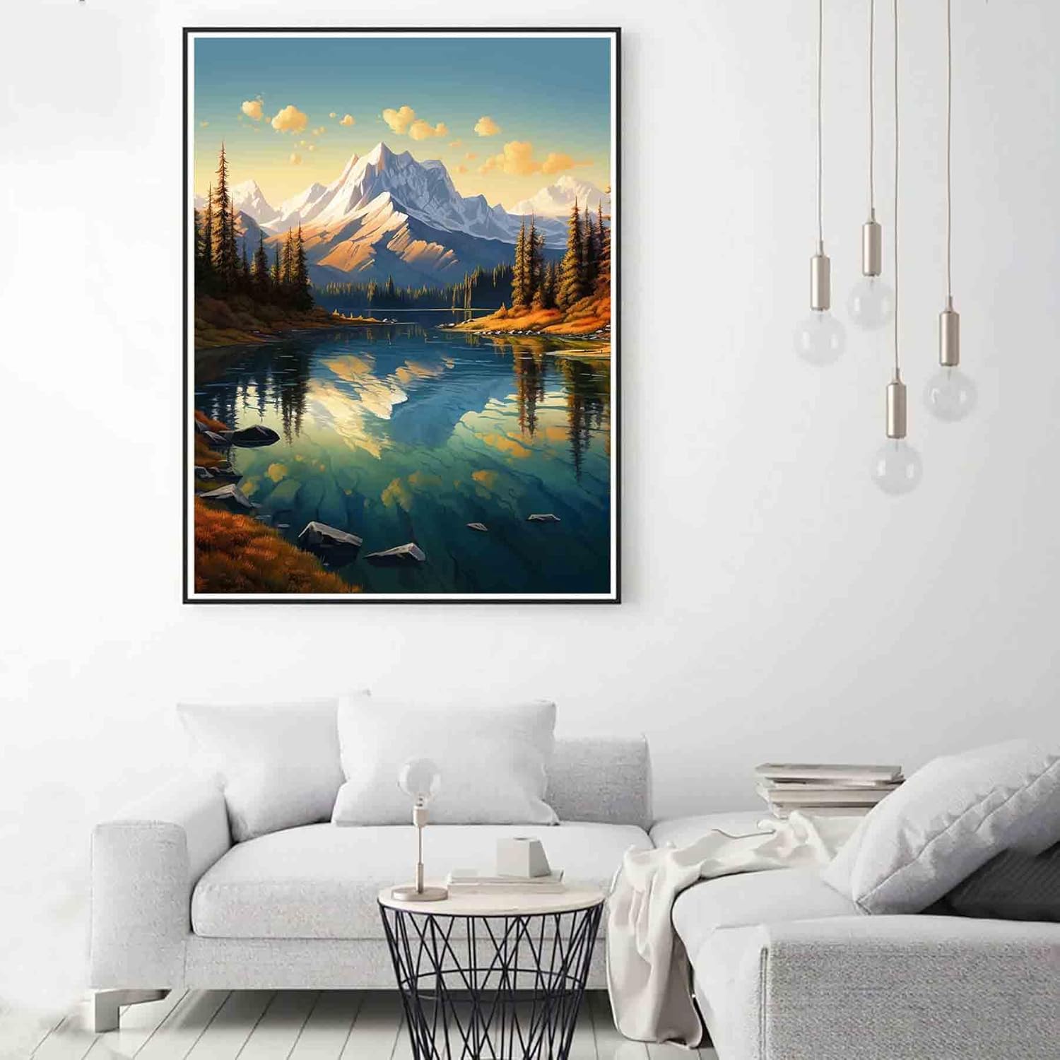Zariocy Kits de pintura de diamantes 5D Mountain Lake, pintura de bricolaje con árbol de arte de diamante, paisaje redondo de taladro completo,