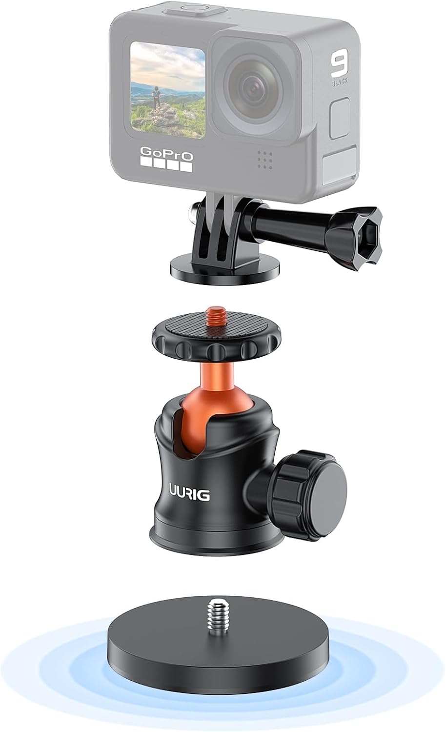 UURIG Soporte magnético para cámara GoPro, soporte de base de montaje magnético con soporte de cámara de 14 “-20 hilos con cabeza de bola de 360
