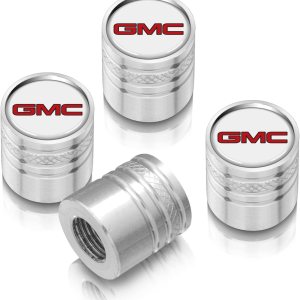 Para GMC – Tapas de vástago de válvula de neumático con logotipo rojo en blanco sobre plateado brillante Para GMC – Tapas de vástago de válvula de neumático con logotipo rojo en blanco sobre plateado brillante