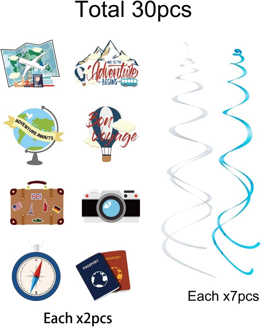 30 decoraciones de fiesta de espirales colgantes con temática de viaje, suministros de fiesta para fiesta de cumpleaños, fiesta de jubilación,