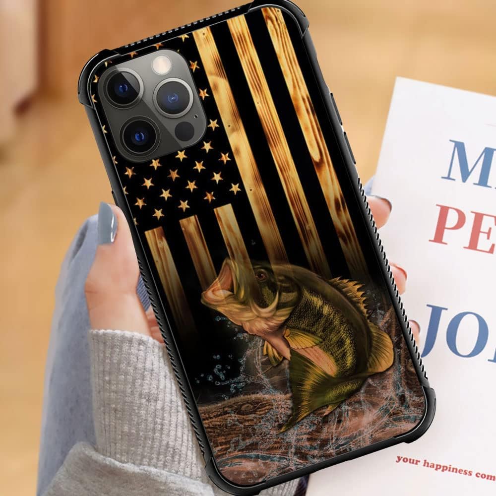 DJSOK Funda compatible con iPhone 14 Plus, funda protectora de madera con bandera estadounidense y peces para iPhone 14 Plus, para hombres, mujeres,
