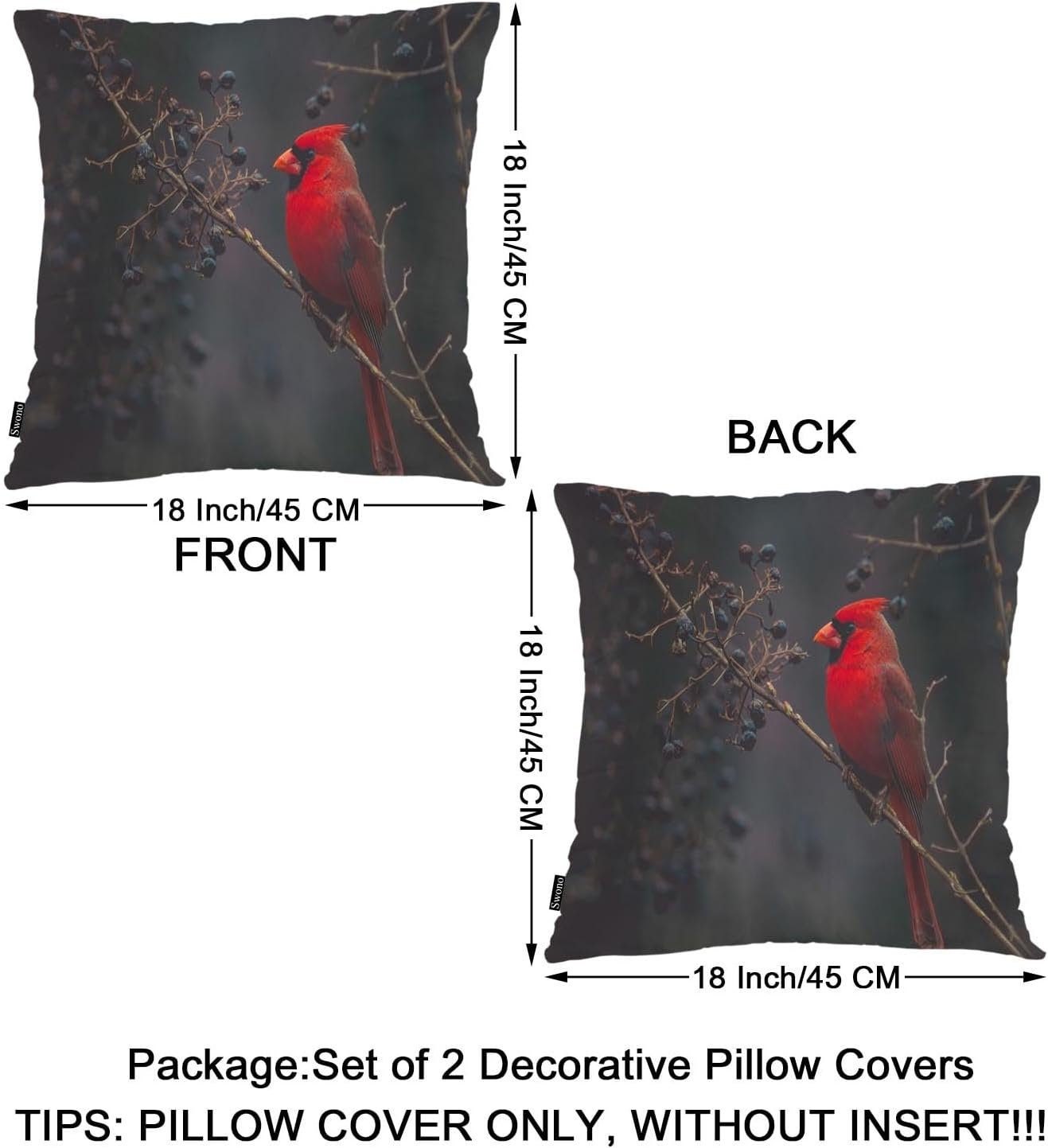 Swono Fundas de almohada de 18 x 18 pulgadas, color rojo cardenal, pájaro y bayas, fundas de cojín bohemias para sofá cama, funda de almohada