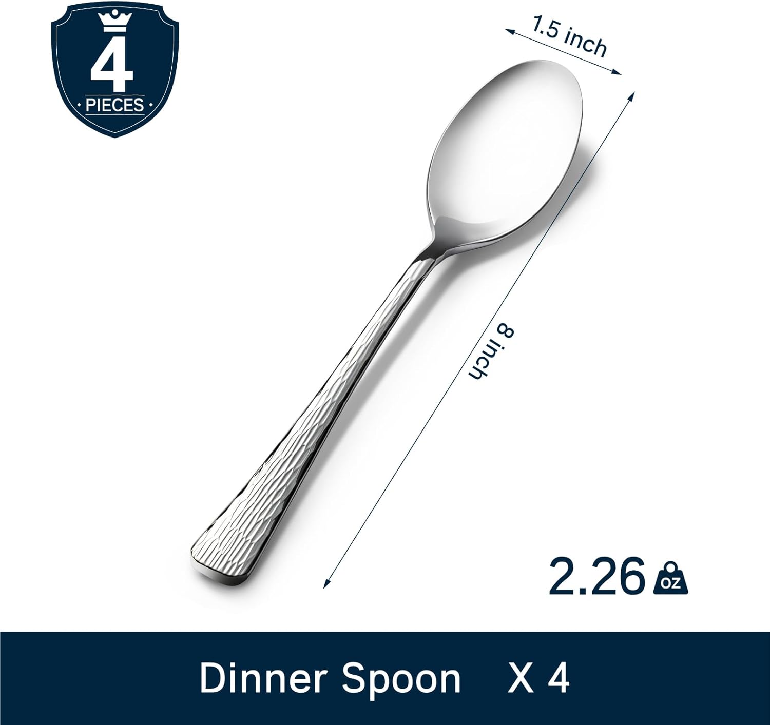 KINGSTONE Juego de 4 cucharas de cena de acero inoxidable 1810, cucharas de metal martillado de 8 pulgadas para el hogar, cocina o restaurante, no