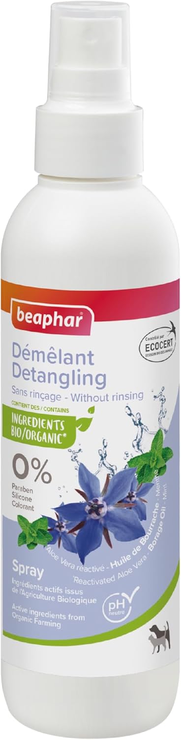 BEAPHAR Aerosol desenredante etiquetado ECOCERT para perros y gatos – Fabricado en Francia – Contiene aloe vera, aceite de borraja y menta orgánica