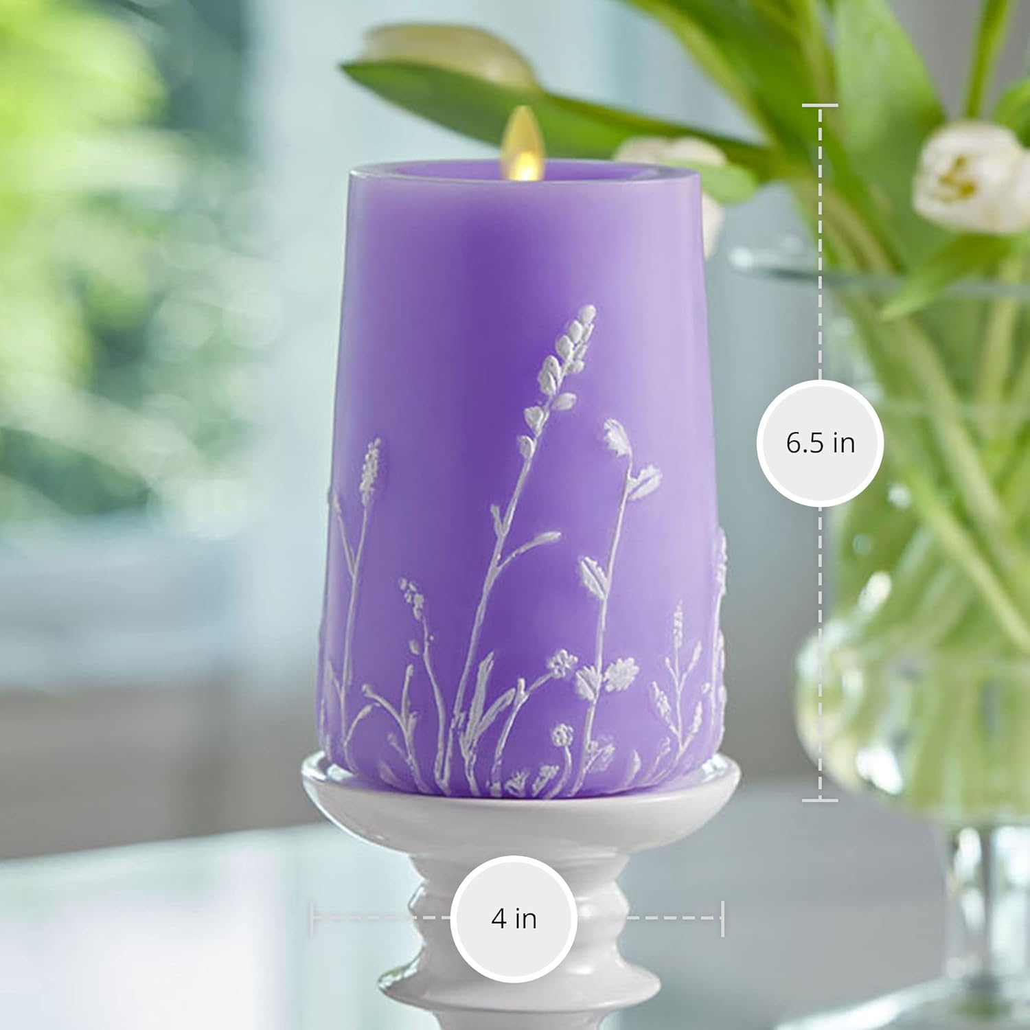 Luminara Pilar LED de vela de llama móvil sin llama, 4 x 6.5 pulgadas, con estampado floral en relieve, sin perfume, temporizador de borde empotrado