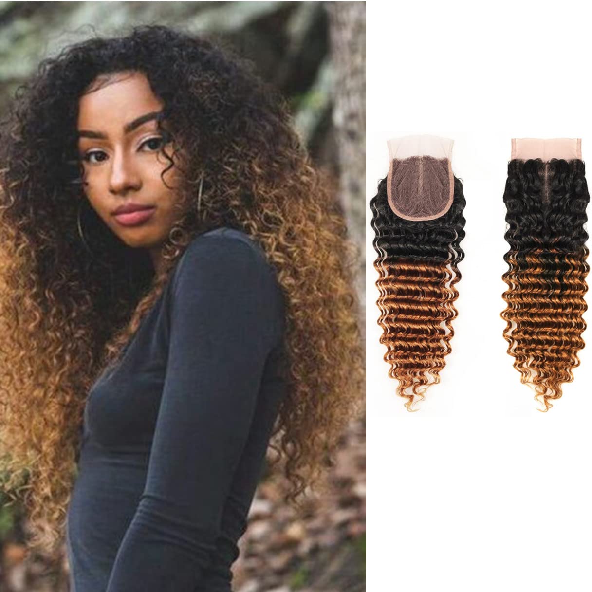 Ombre rubio miel 1B 30 onda profunda 4×4 cierre de encaje 100% cabello humano virgen brasileño sin procesar rizado profundo línea de cabello