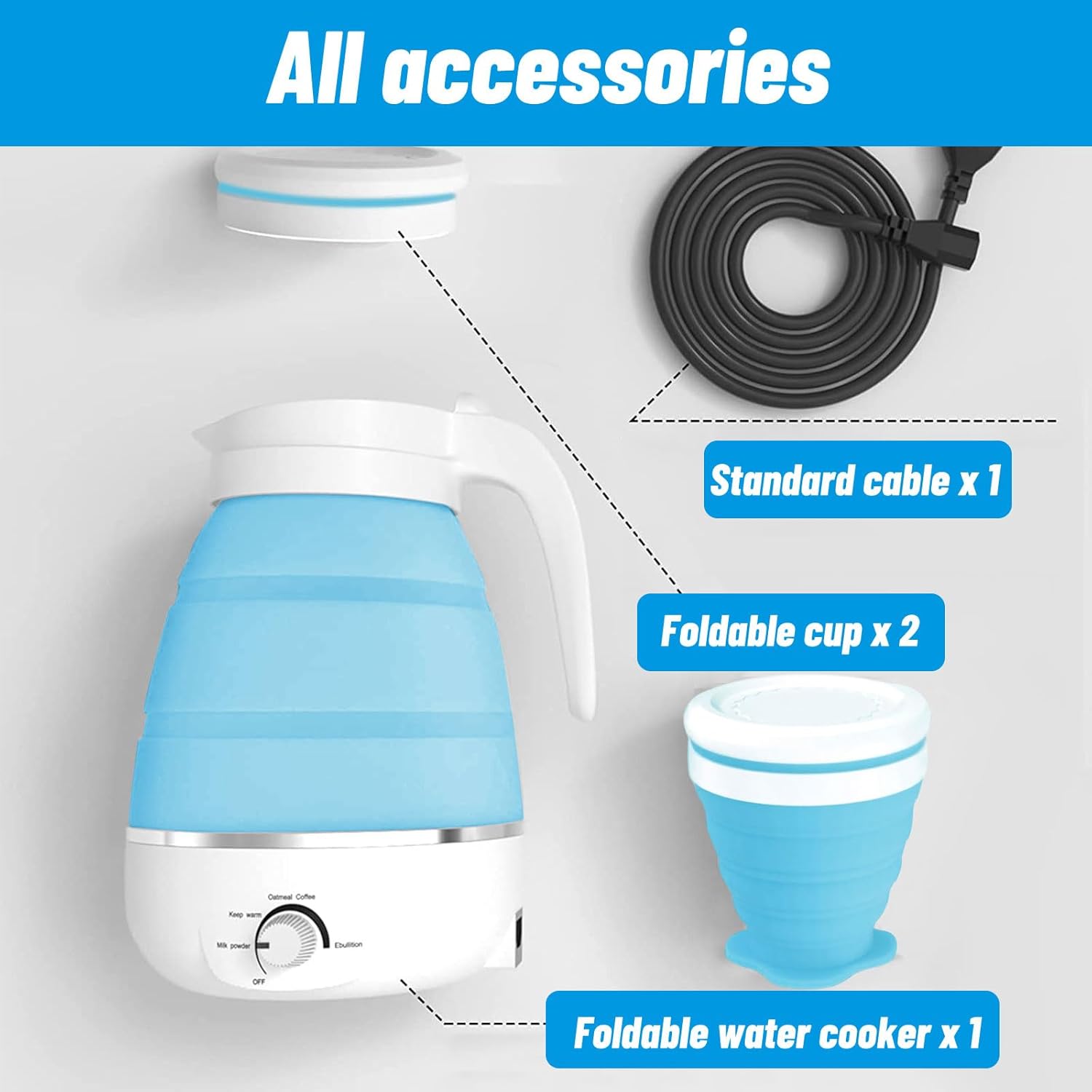Hervidor eléctrico plegable con 2 tazas, hervidores eléctricos de silicona para agua hirviendo, hervidor portátil para viajes, hervidor de té