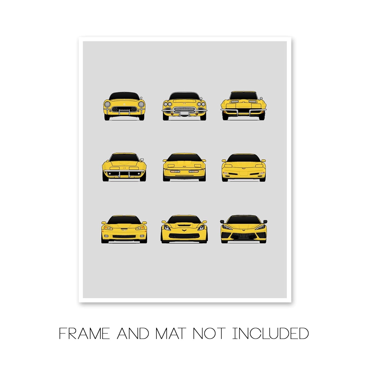 Chevy Corvette Generations Inspired Car Poster – Handmade Print of C1 C2 C3 C4 C5 C6 C7 C8 – Yellow, 11×14″ Satin Print (Unframed) – Perfect Gift