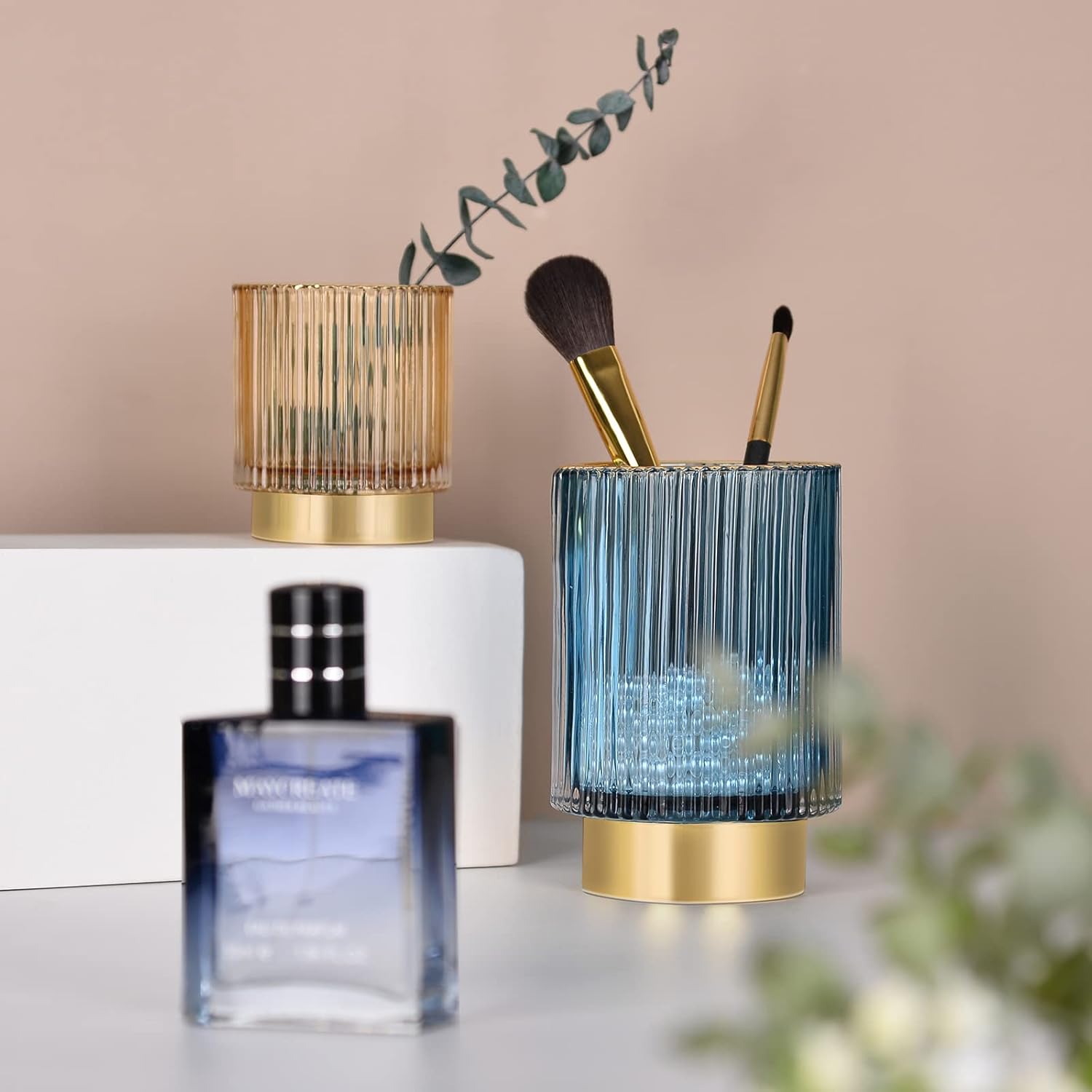CANITORON Soporte para brochas de maquillaje, organizador de brochas de maquillaje cosmético de vidrio, soporte de almacenamiento para brocha de