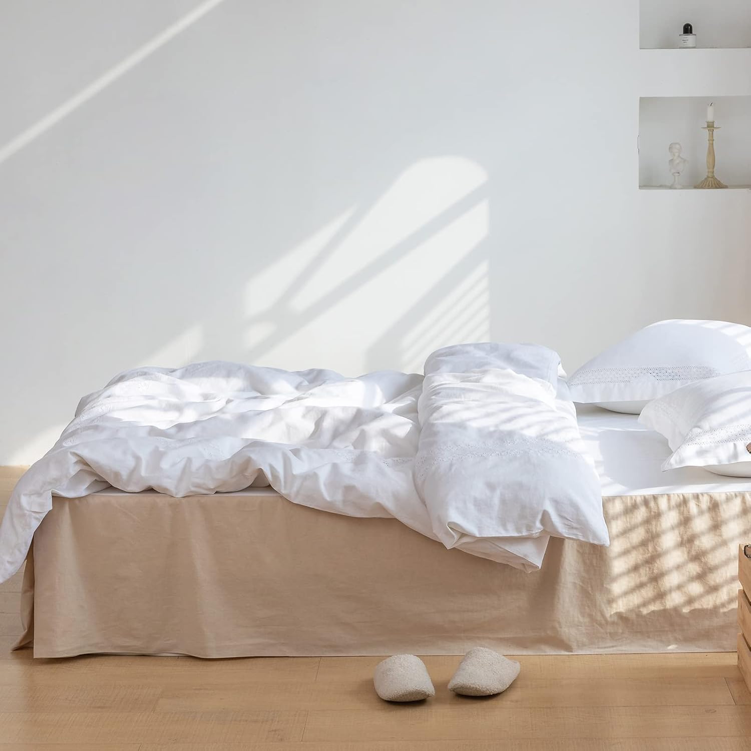 BISELINA Falda de cama de lino francés con esquinas plisadas de 14 pulgadas, mezcla de algodón de lino natural, con volantes básicos de polvo,