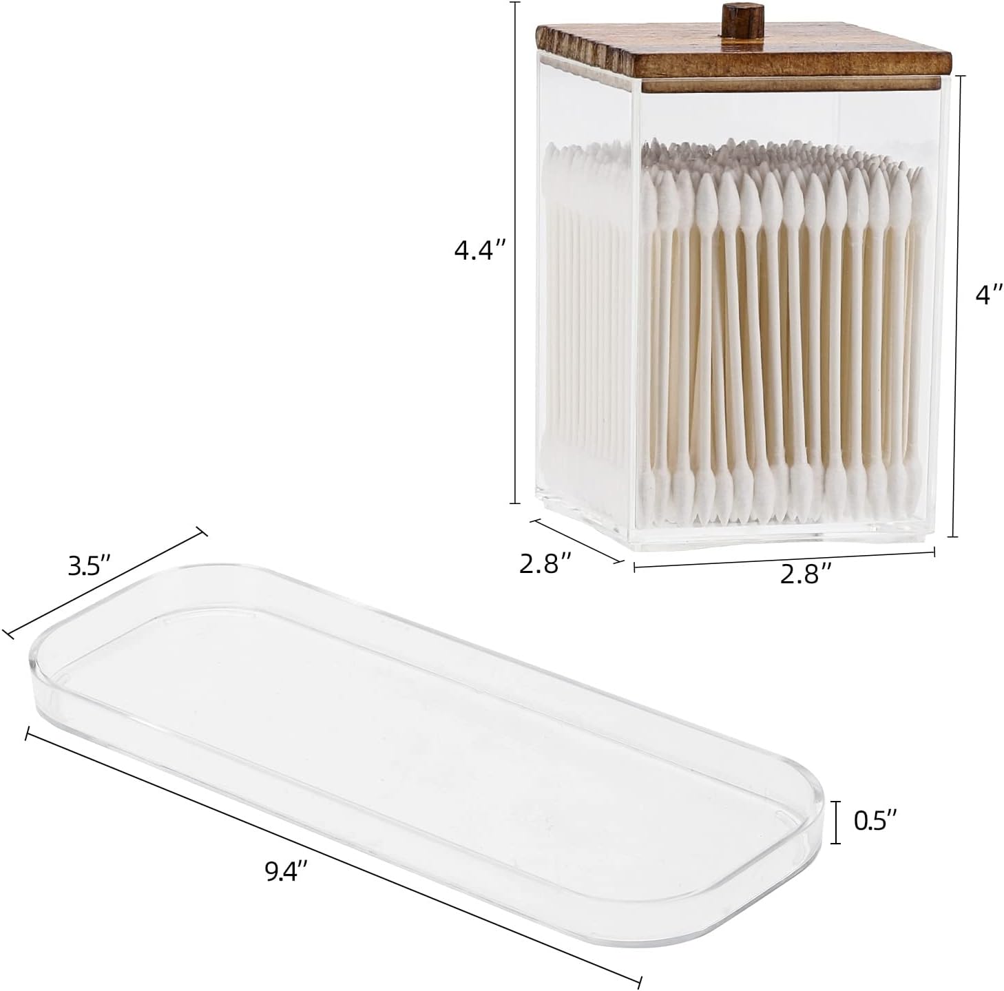 Tbestmax Qtip Apothecary – Soporte para hisopo de algodón, 12 onzas, recipiente de baño transparente para almacenamiento, 4 tapas de madera negra