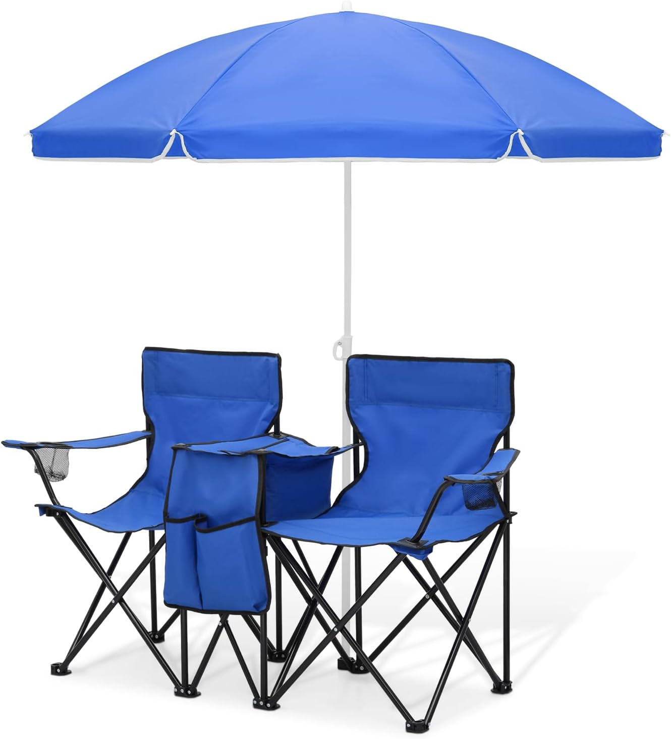 Magshion Silla de campamento doble con paraguas y enfriador para adultos, silla plegable de alta resistencia, color azul marino