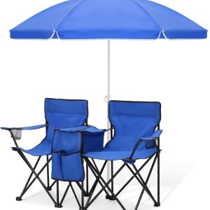 Magshion Silla de campamento doble con paraguas y enfriador para adultos, silla plegable de alta resistencia, color azul marino Magshion Silla de campamento doble con paraguas y enfriador para adultos, silla plegable de alta resistencia, color azul marino