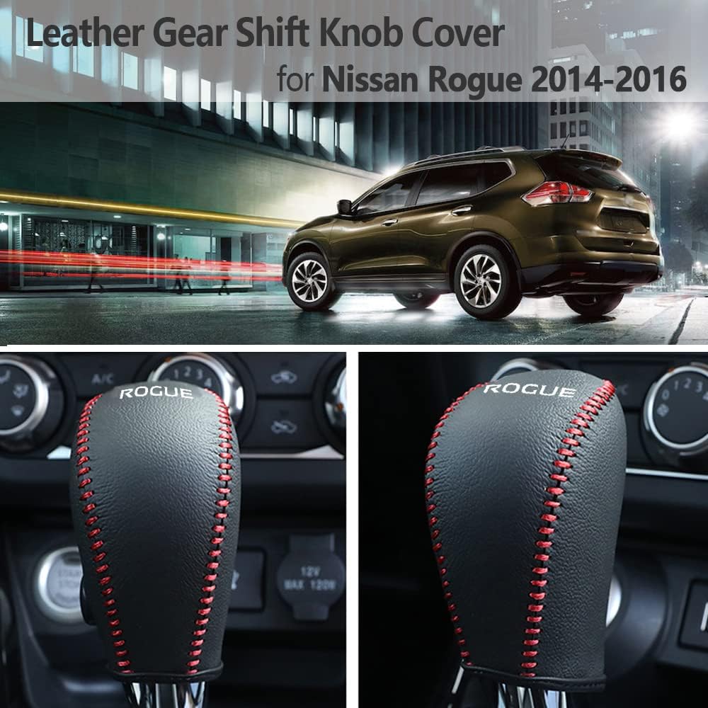CEBAT Funda de piel para palanca de cambios para Nissan Rogue 2014-2016 (costuras rojas)