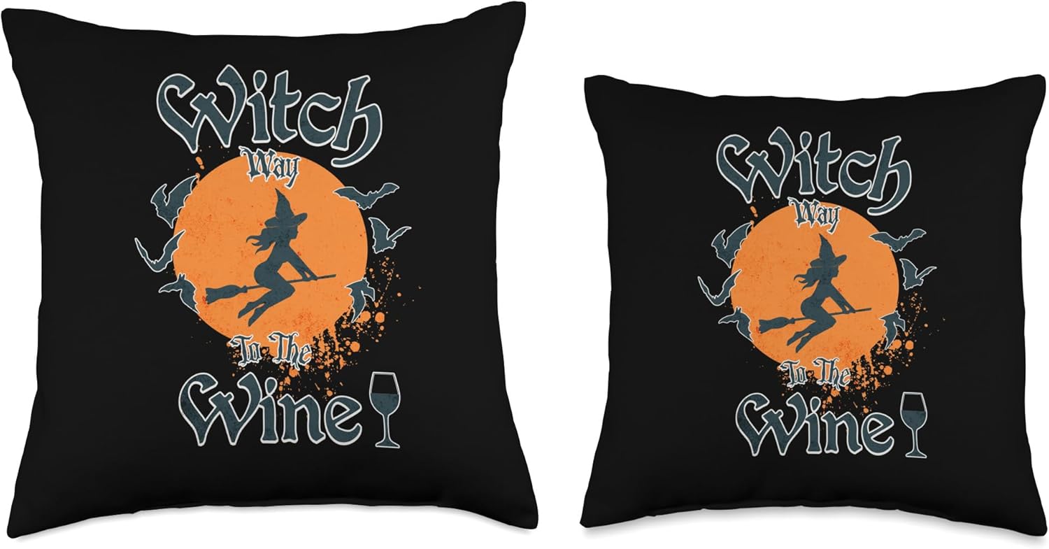 Witch Way – Almohada divertida para amantes del vino de Halloween, 16 x 16 pulgadas, multicolor