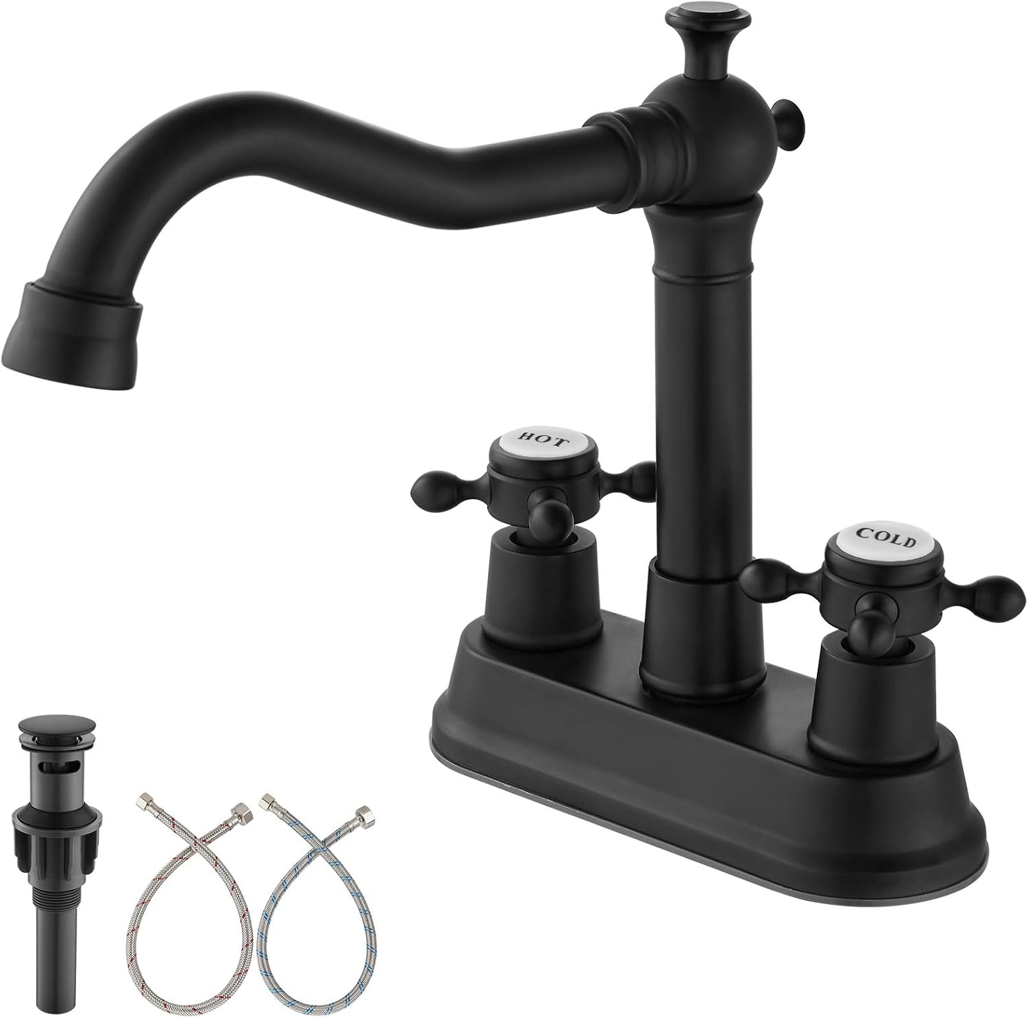 Aolemi Grifo de lavabo de baño negro mate con 2 asas cruzadas de 4 pulgadas, grifo mezclador de lavabo para lavabo de baño, utilidad para lavabo, 3